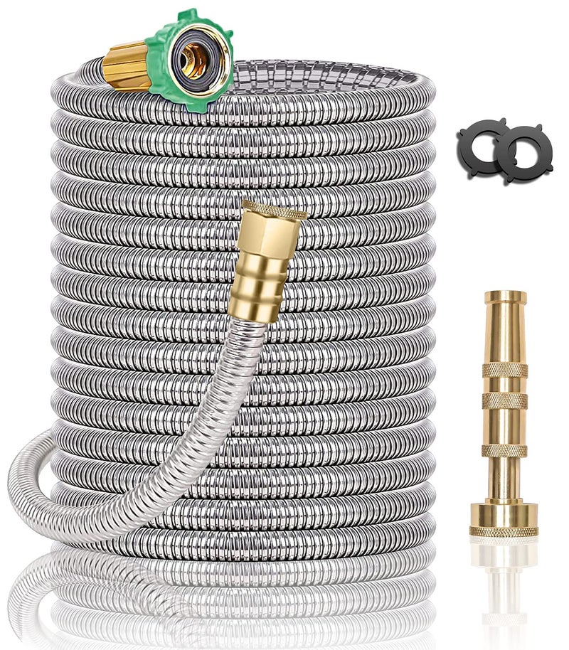 Kuosdaz Metal Garden Hose 100FT  Stainless Steel Heavy Duty Water Hose with Brass Nozzle  Sturdy and Lightweight  No Kink & Tangle  Easy to Use & Store  Suitable for Yard and Lawn - Image 1